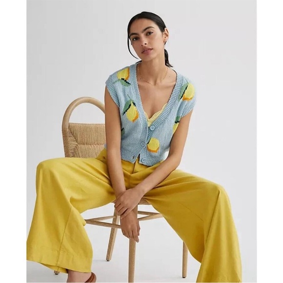 Anthropologie Maeve Blue Lemon Knit Vest - Picture 2 of 9